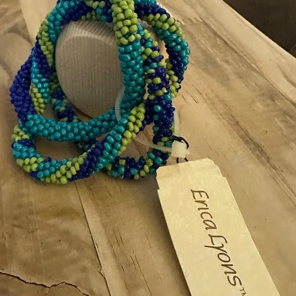 Blue/green/turquoise beaded set of intertwined bracelets